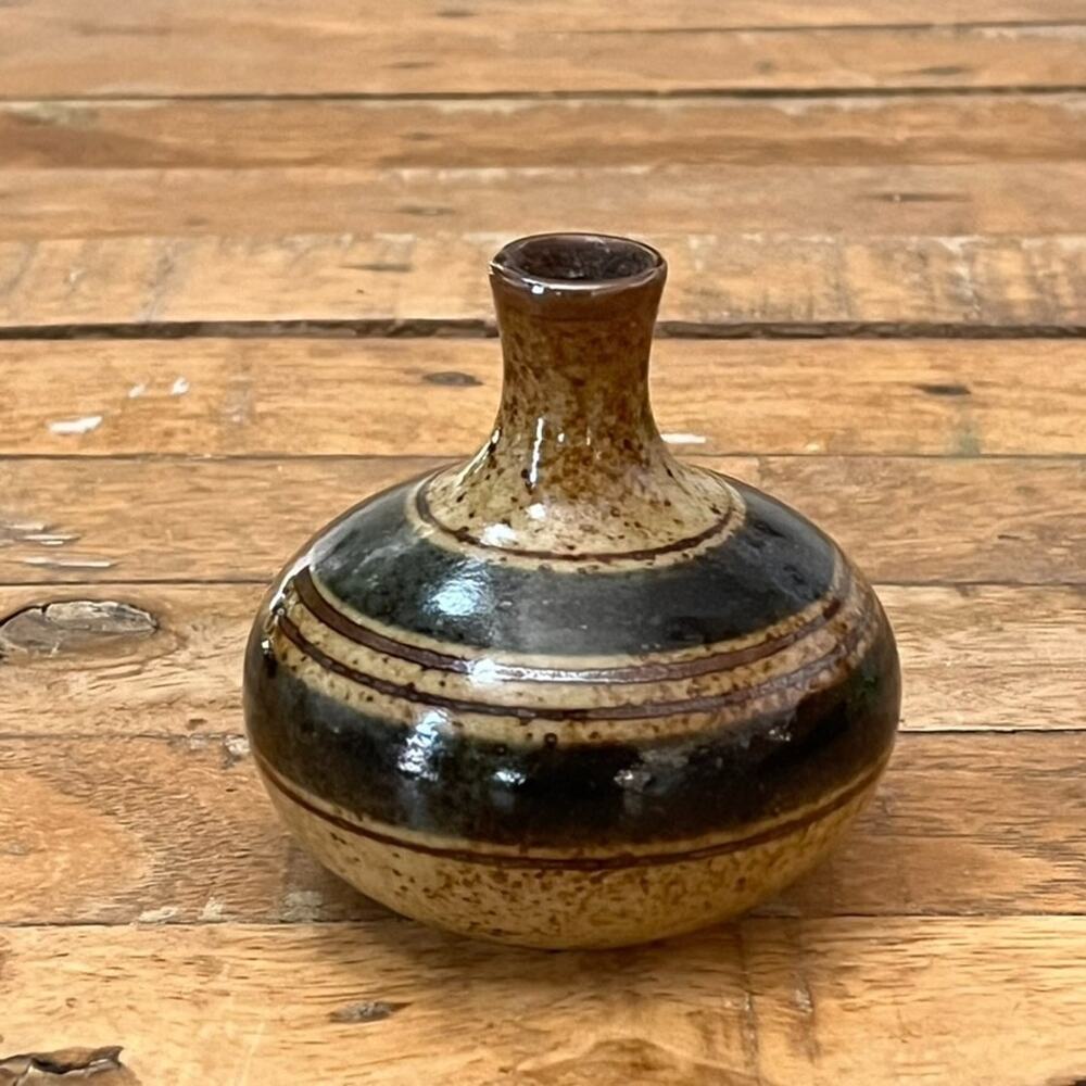 Vintage Asahi Small Vase From Japan Black Bands Brown & Tan Speckled Base